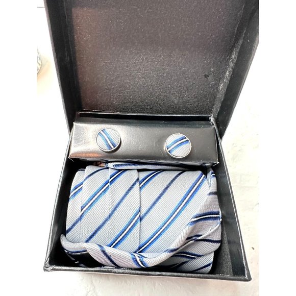 Men Professional CuffLink Tie Set Blue Stripes 18" Gift Set Career Dress Teacher - Picture 2 of 2